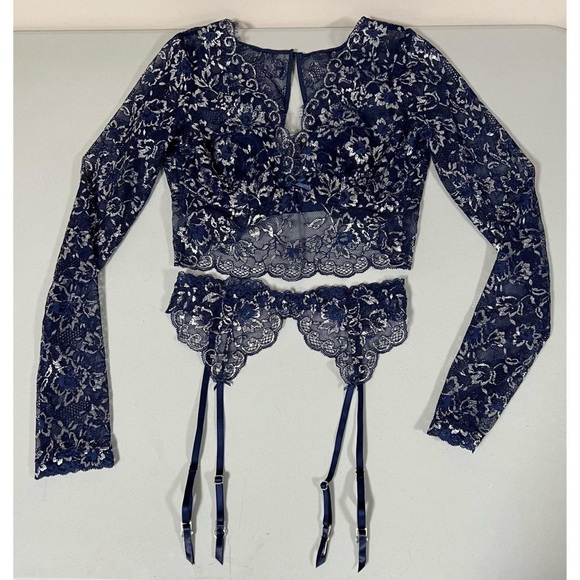 VS Navy Blue Floral Lace Bra-Top Bralette and Garter Belt Coords Matching Set 💙 - Picture 2 of 7